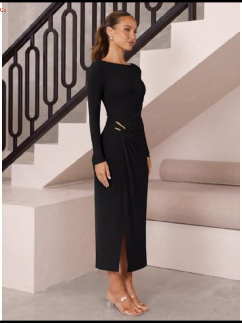 Long Sleeve Boat Neck Ruched Bodycon Midi Dress Cocktail Party - Picture 2 of 6